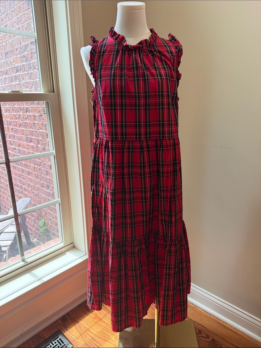 J. Crew Factory Red Plaid Ruffle Midi Dress